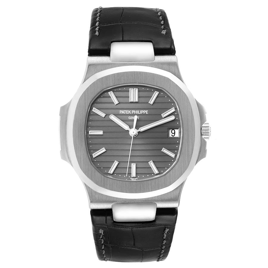 Patek Philippe Nautilus 18K White Gold Black Strap Mens Watch 5711G-001